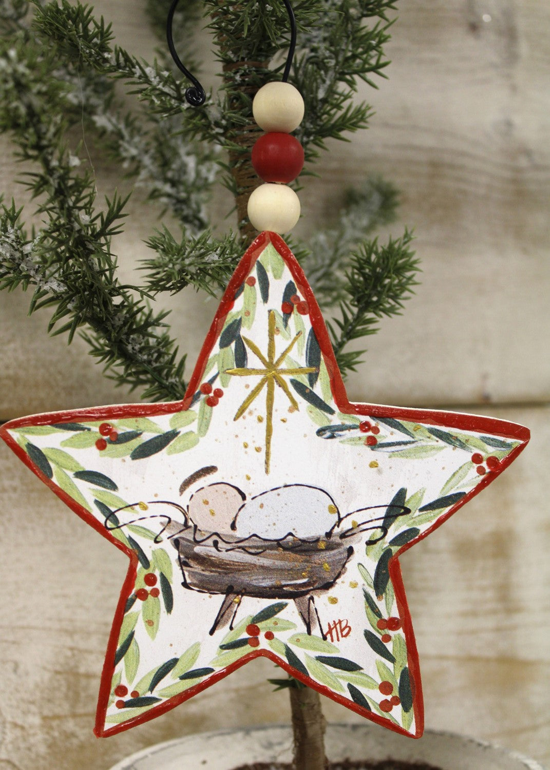 Cutout Wood Star Ornament With Jesus In Manger & Bead Hanger