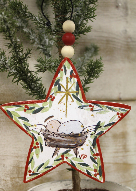 Cutout Wood Star Ornament With Jesus In Manger & Bead Hanger