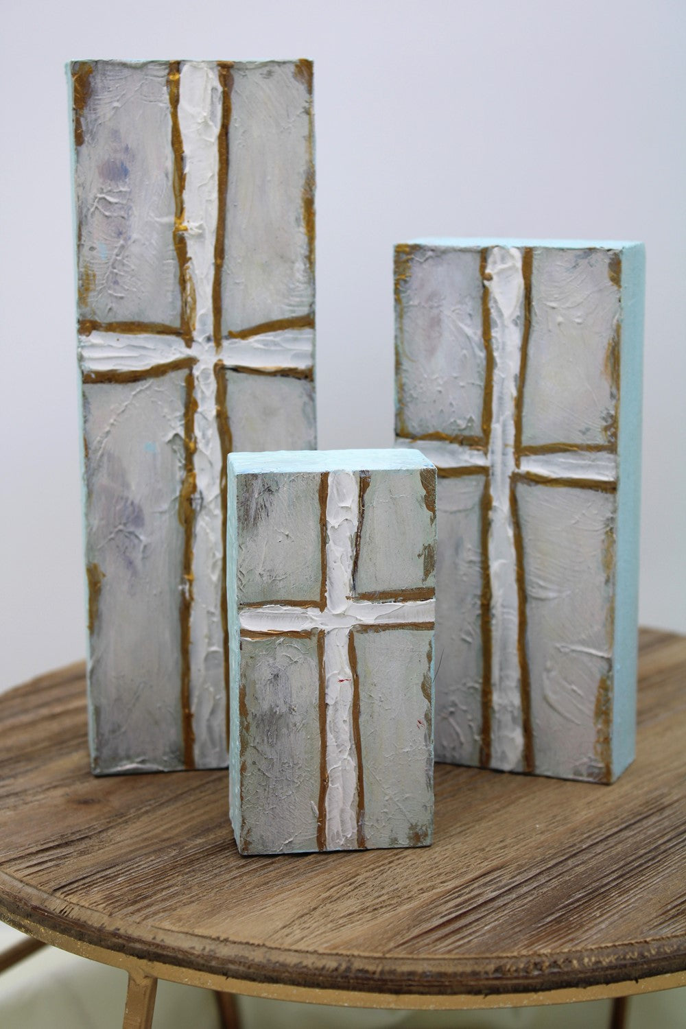 Set of 3 Handpainted Wood Cross Blocks, Blue/Gold