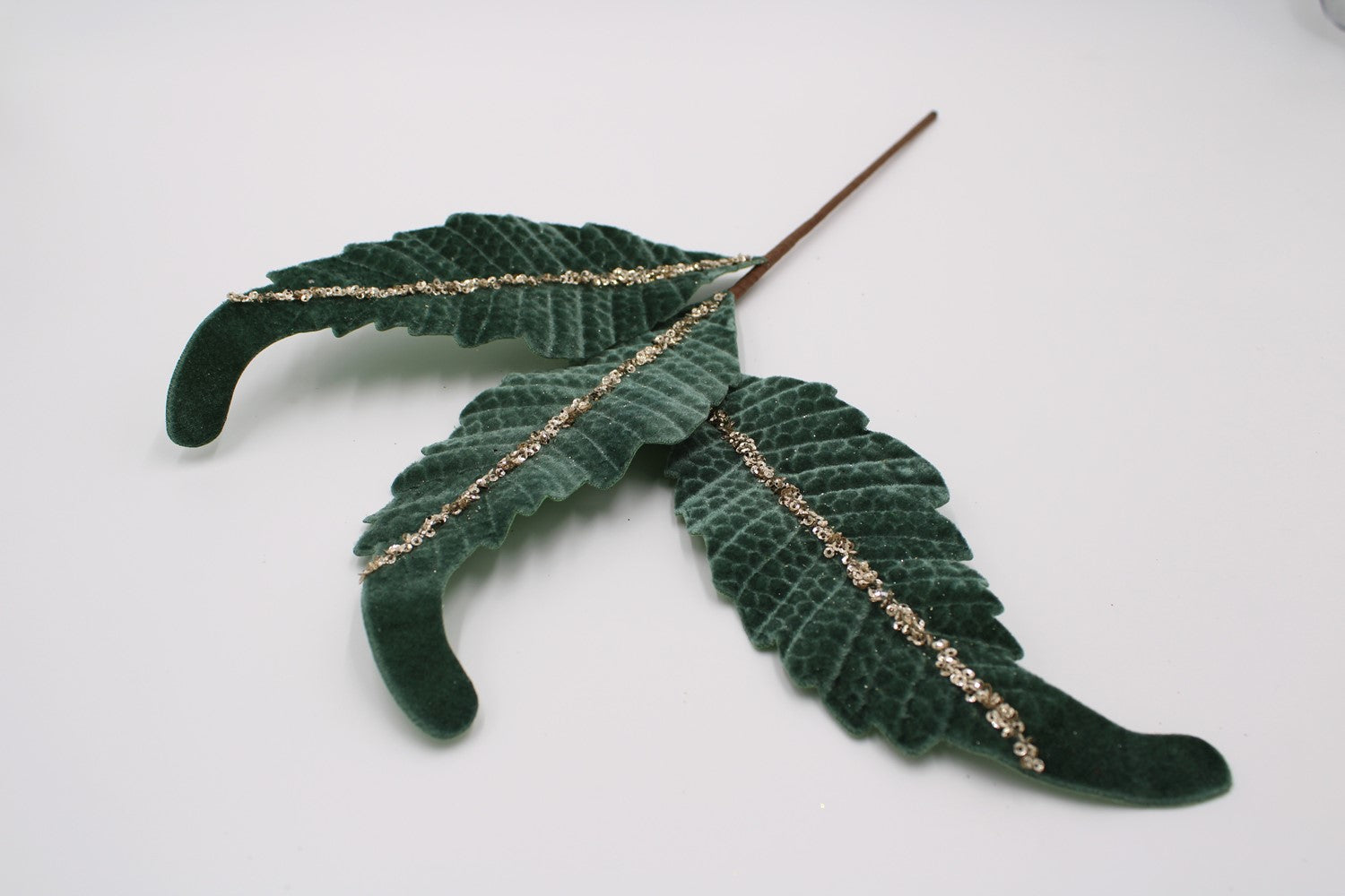 21" Sage Green Velvet Leaf Stem x3 with Glitter