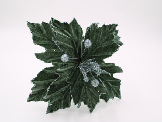 Deep Sage Velvet Poinsettia Pick with Sage Glitter