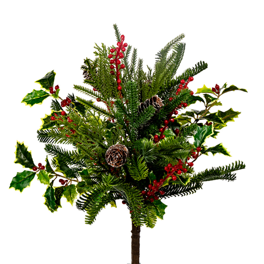 19" Med Mix Pine Bush With Holly Floral Pick