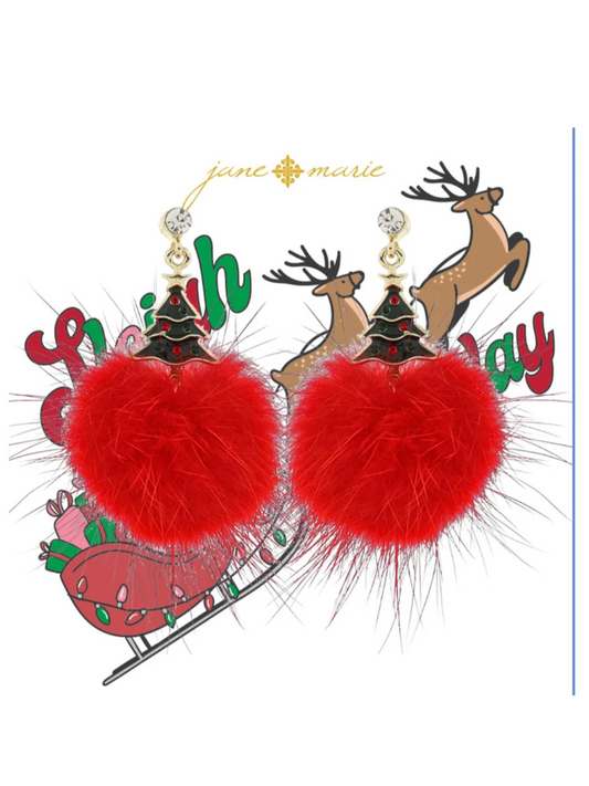 Green Enamel Christmas Tree With Red Pom Earrings