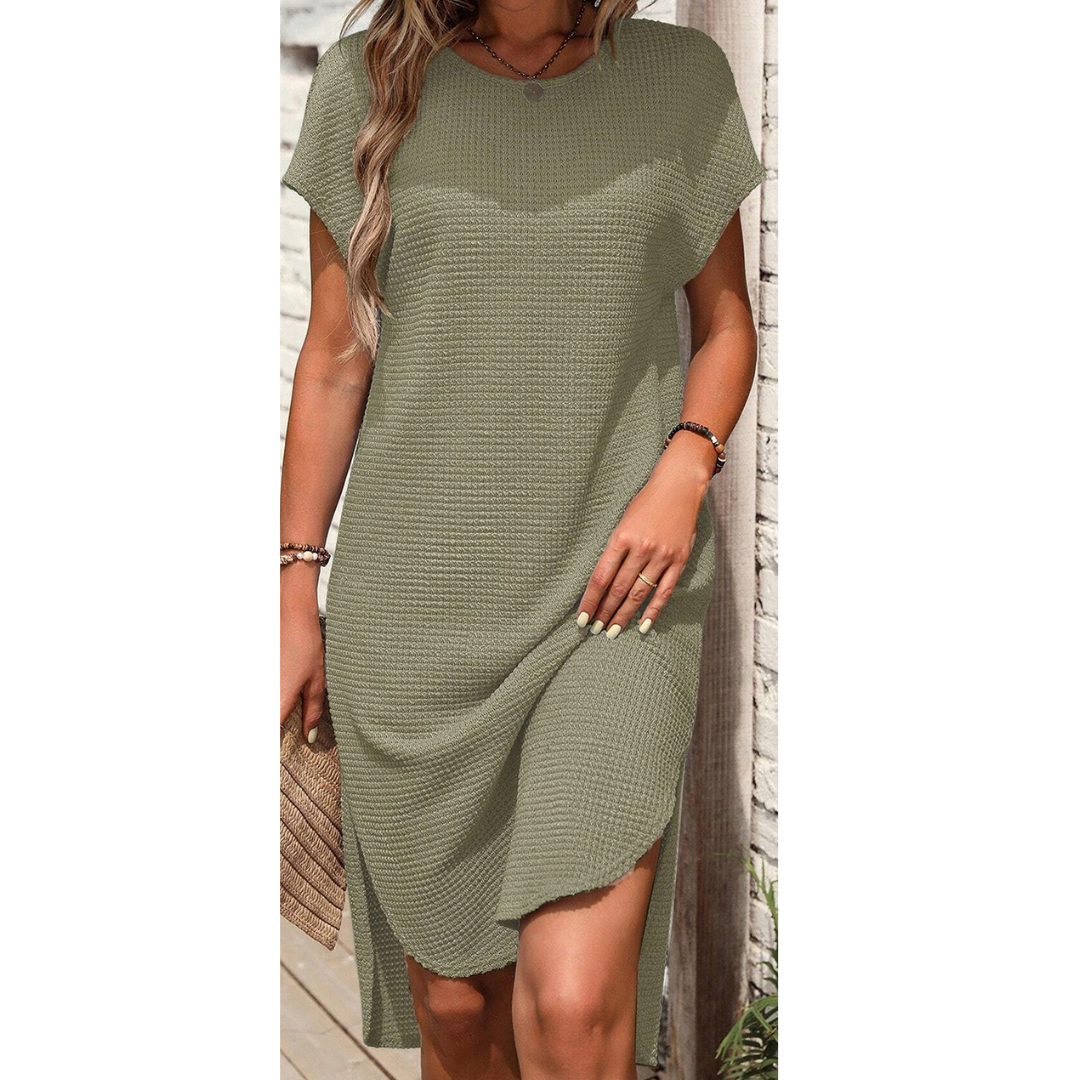 Green Waffle Texture Curved Hem Side Slit Dress