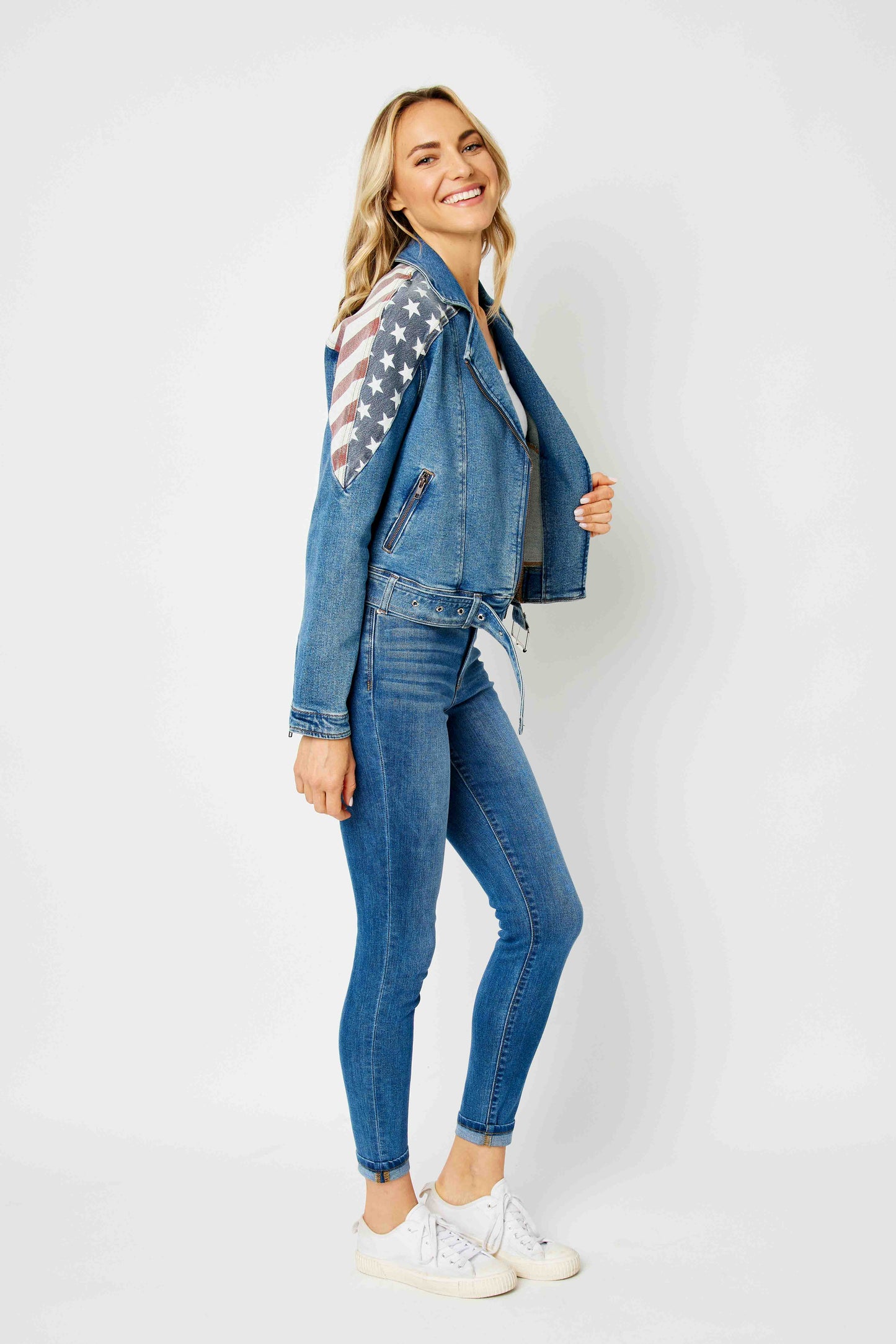 Judy Blue Denim Americana Print Moto Jacket