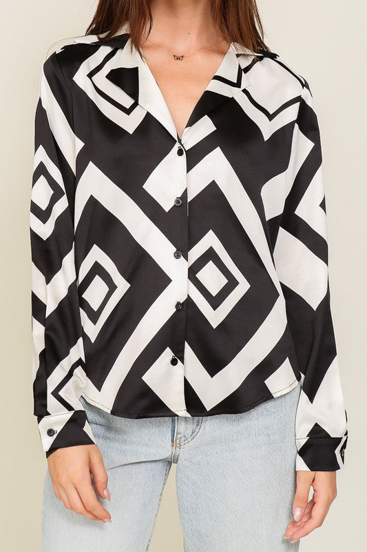 Satin Black And White Retro Print Blouse