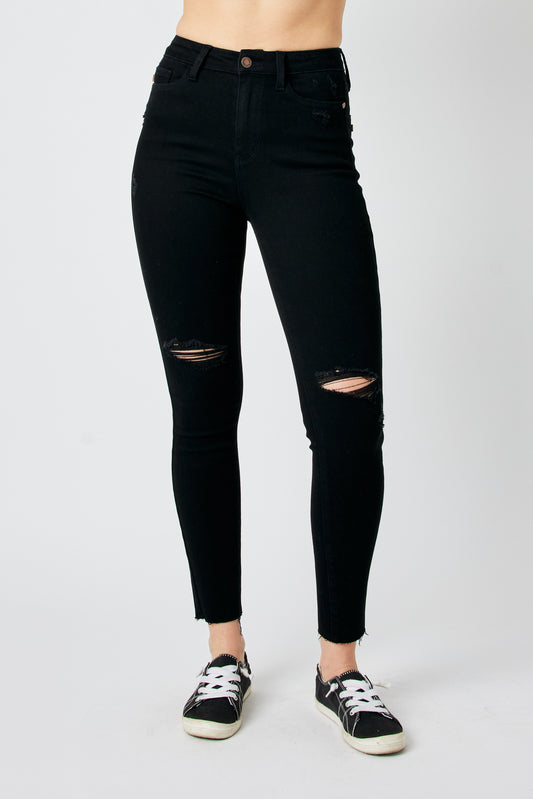 Judy Blue Black High Waist Heavy Destroy Raw Hem Skinny Jeans