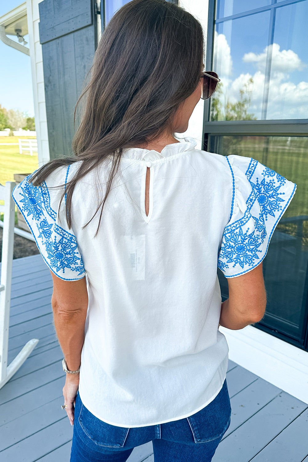 White Embroidered Ruffled Sleeve Blouse