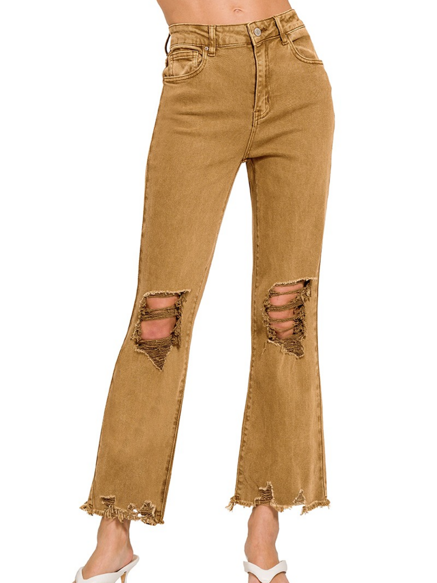 Acid Washed High Waist Distressed Straight Leg Cropped Pants