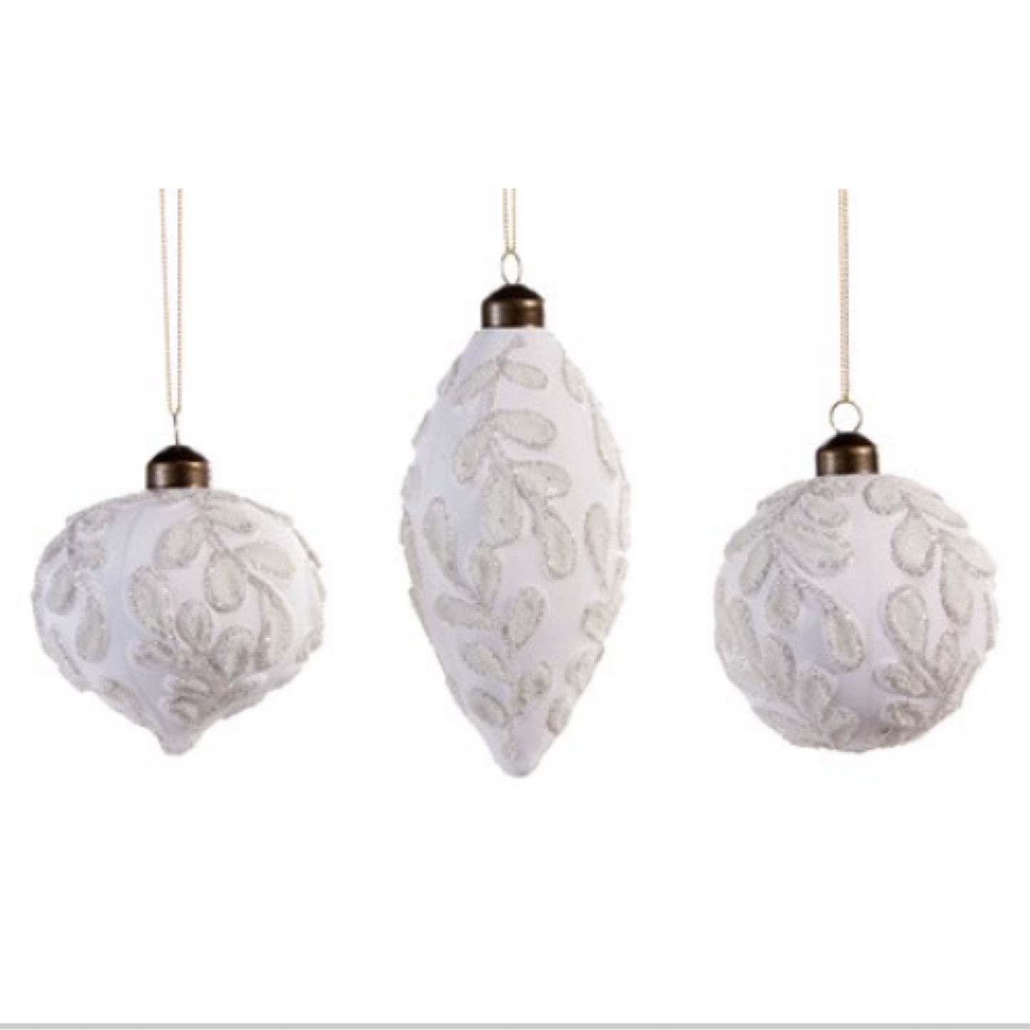 White Painted Glass Ornament Raised Leaf Design White & Silver Glitter