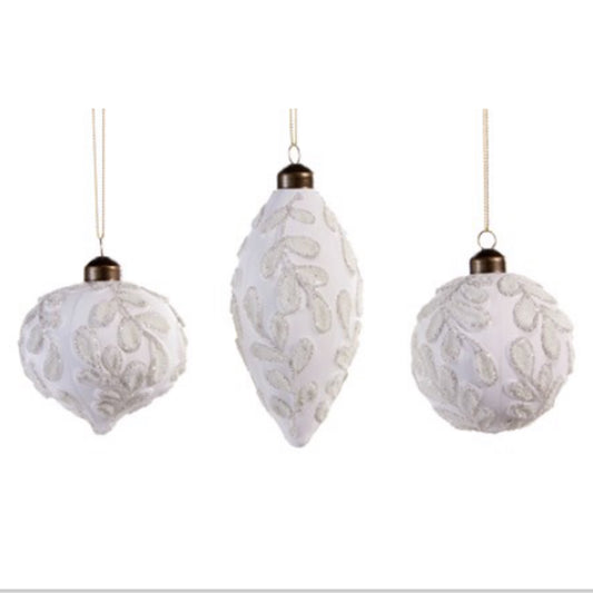White Painted Glass Ornament Raised Leaf Design White & Silver Glitter