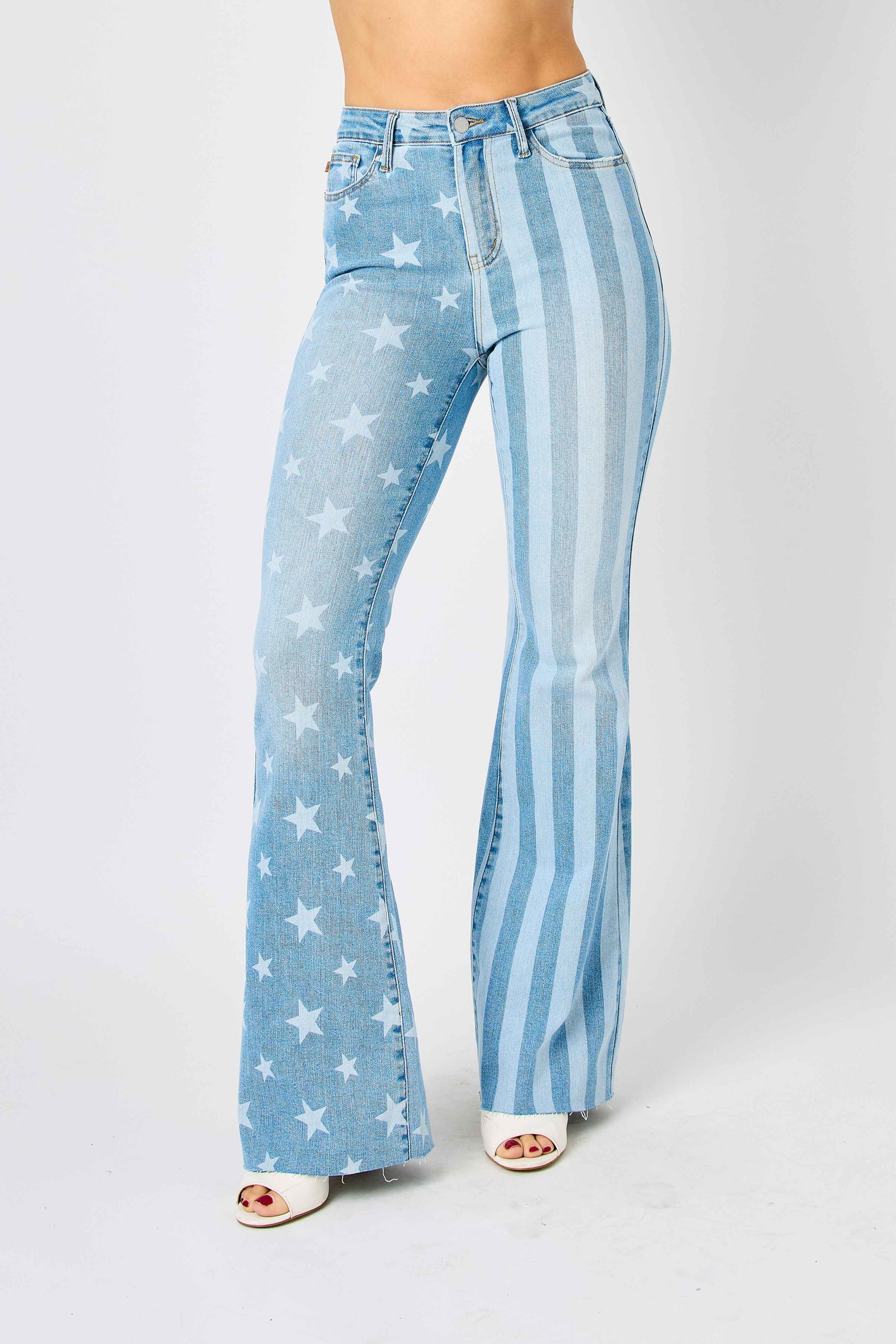 Stars & Stripes Bleach Discharge  High Rise Flare Jeans