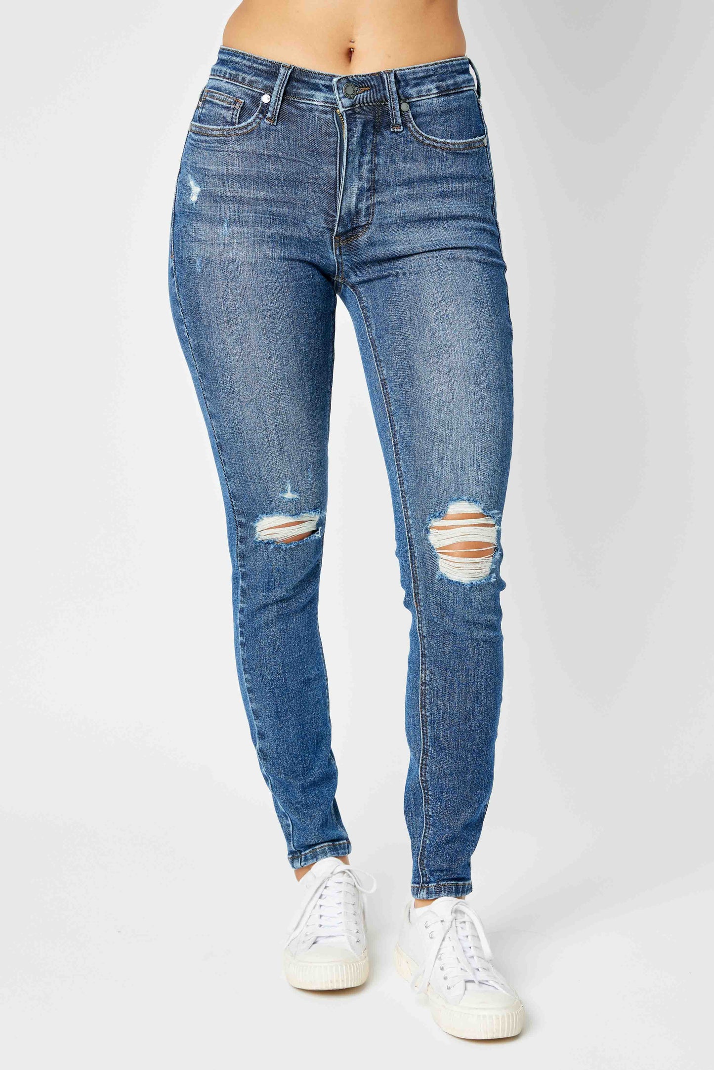 Judy Blue Dark Mid Rise Tummy Control Destroy Skinny Jeans