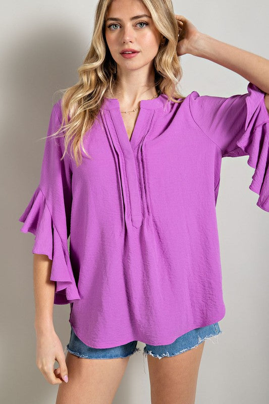 Ruffled Bell Sleeve and Front Pleated Detail Top