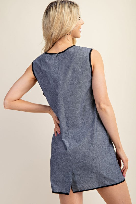 Charcoal Contrast Piping Linen Mini Dress