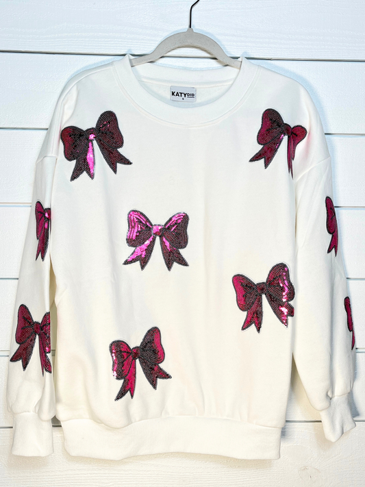 White Sweatshirt With Pink Sequined Bows