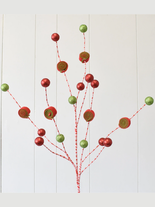 Peppermint Twisted Taffy Glittered Ball Spray 32"- Red/White