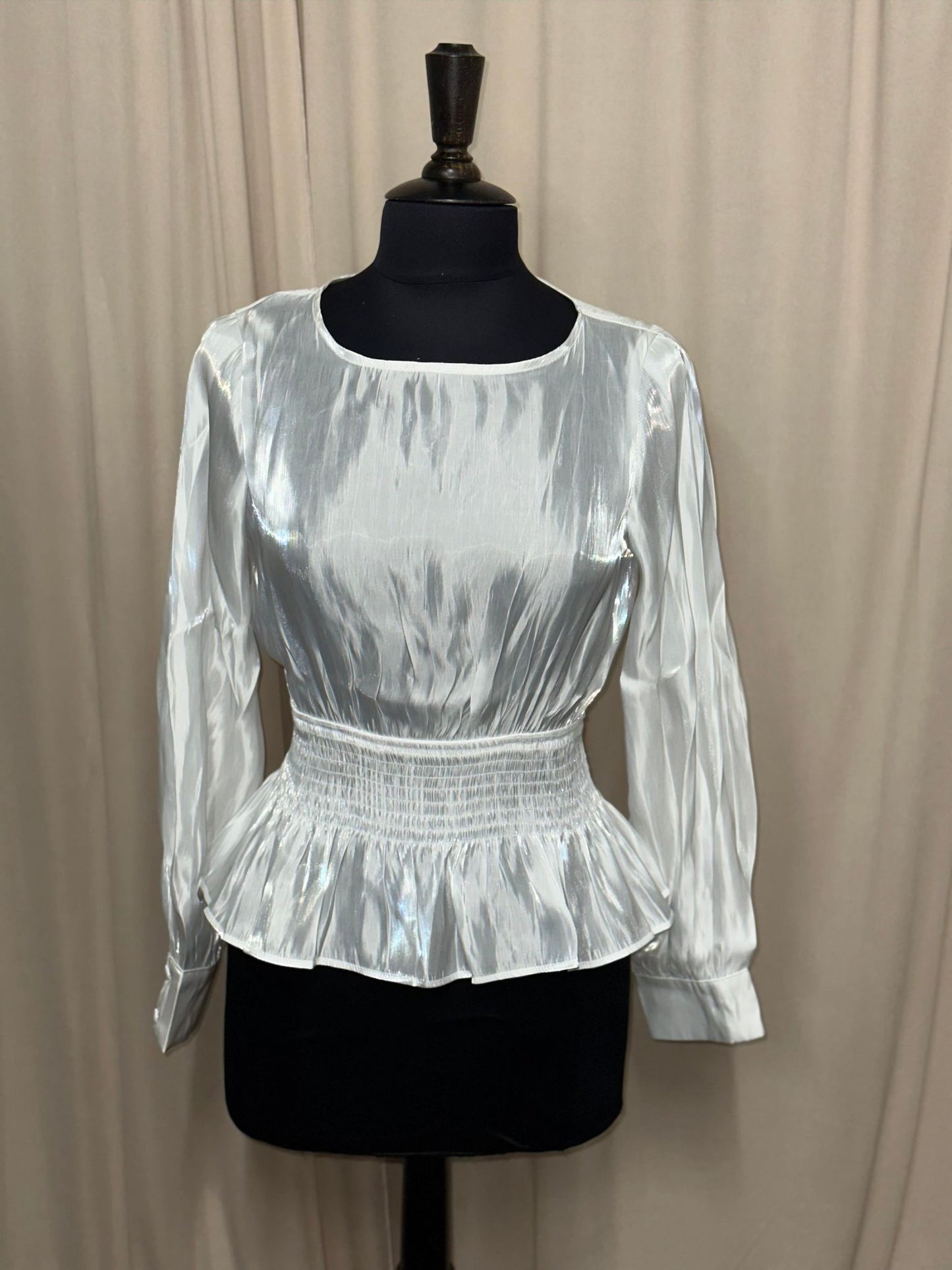 Shiny White Long Sleeve Button Back Smocked Waist Top