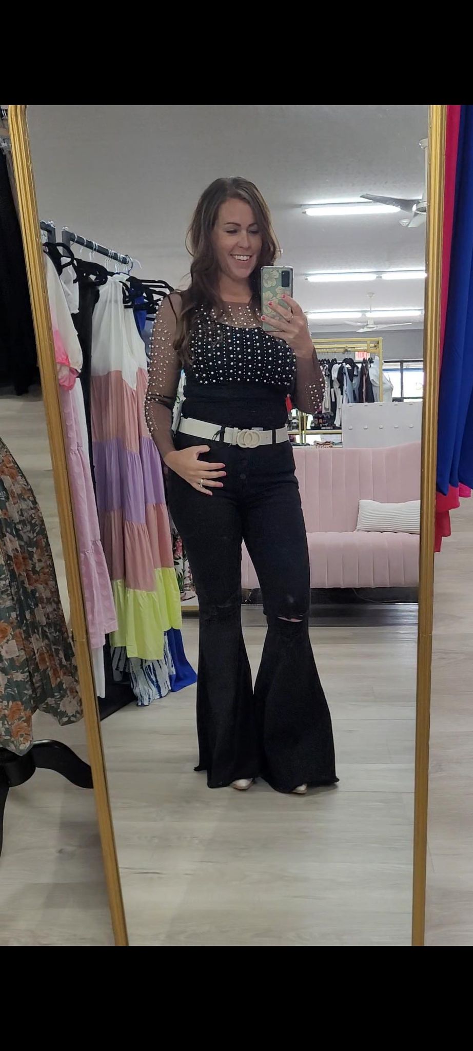 Zenana Black Distressed High Rise Button Bell Bottom Jeans