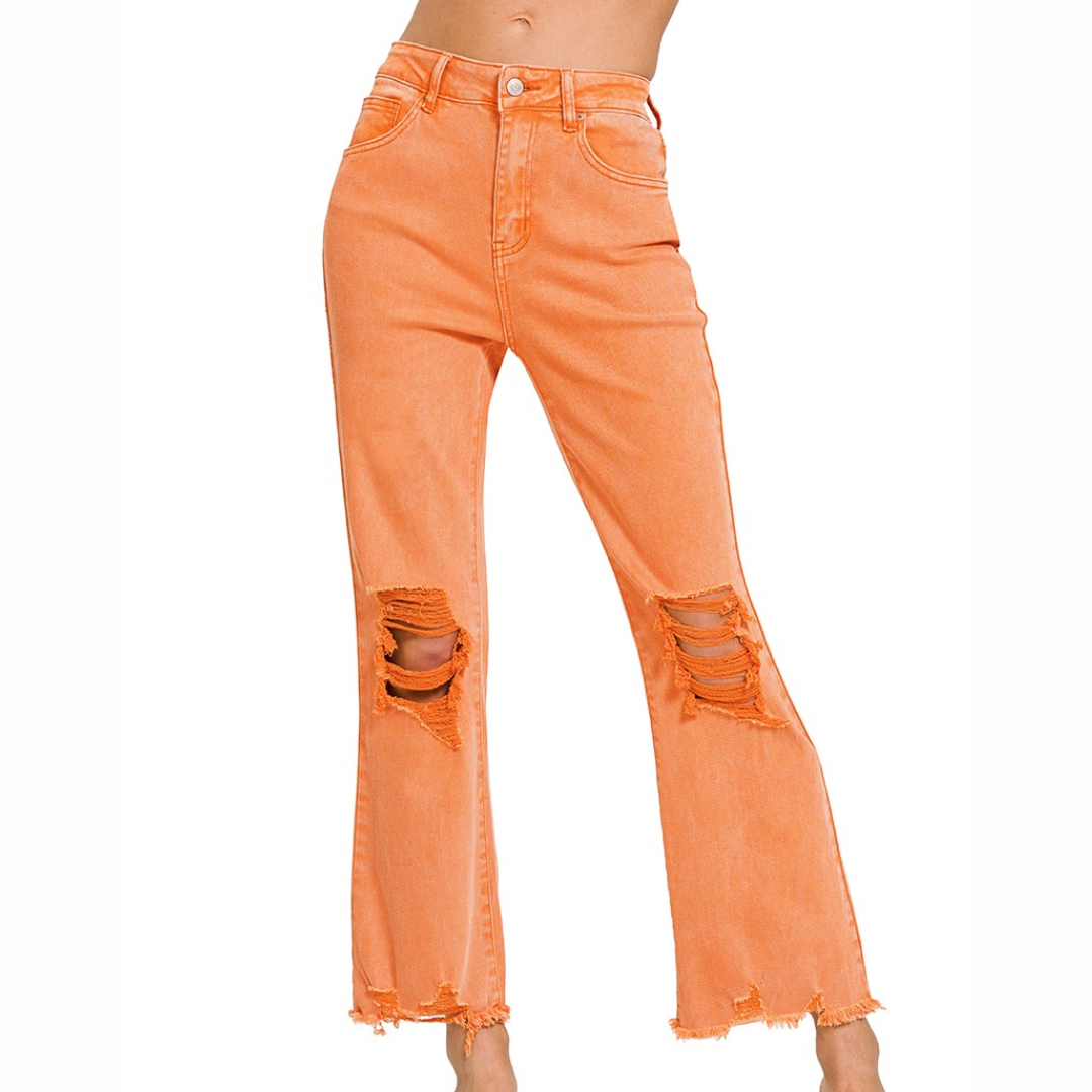 Acid Washed High Waist Distressed Straight Leg Cropped Pants