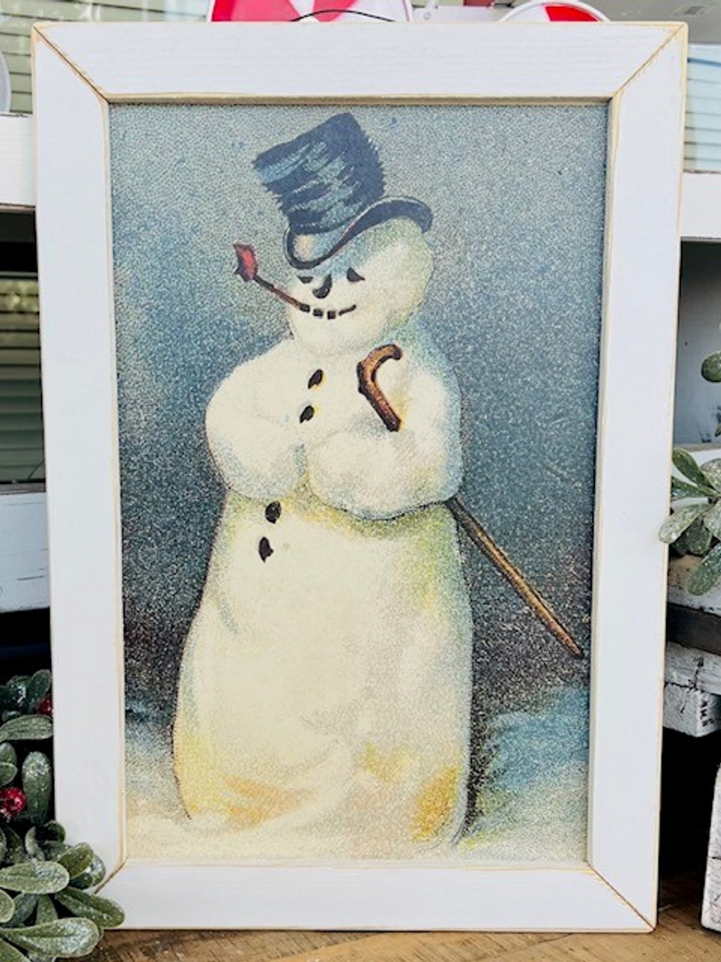 Vintage Snowman White Frame Picture