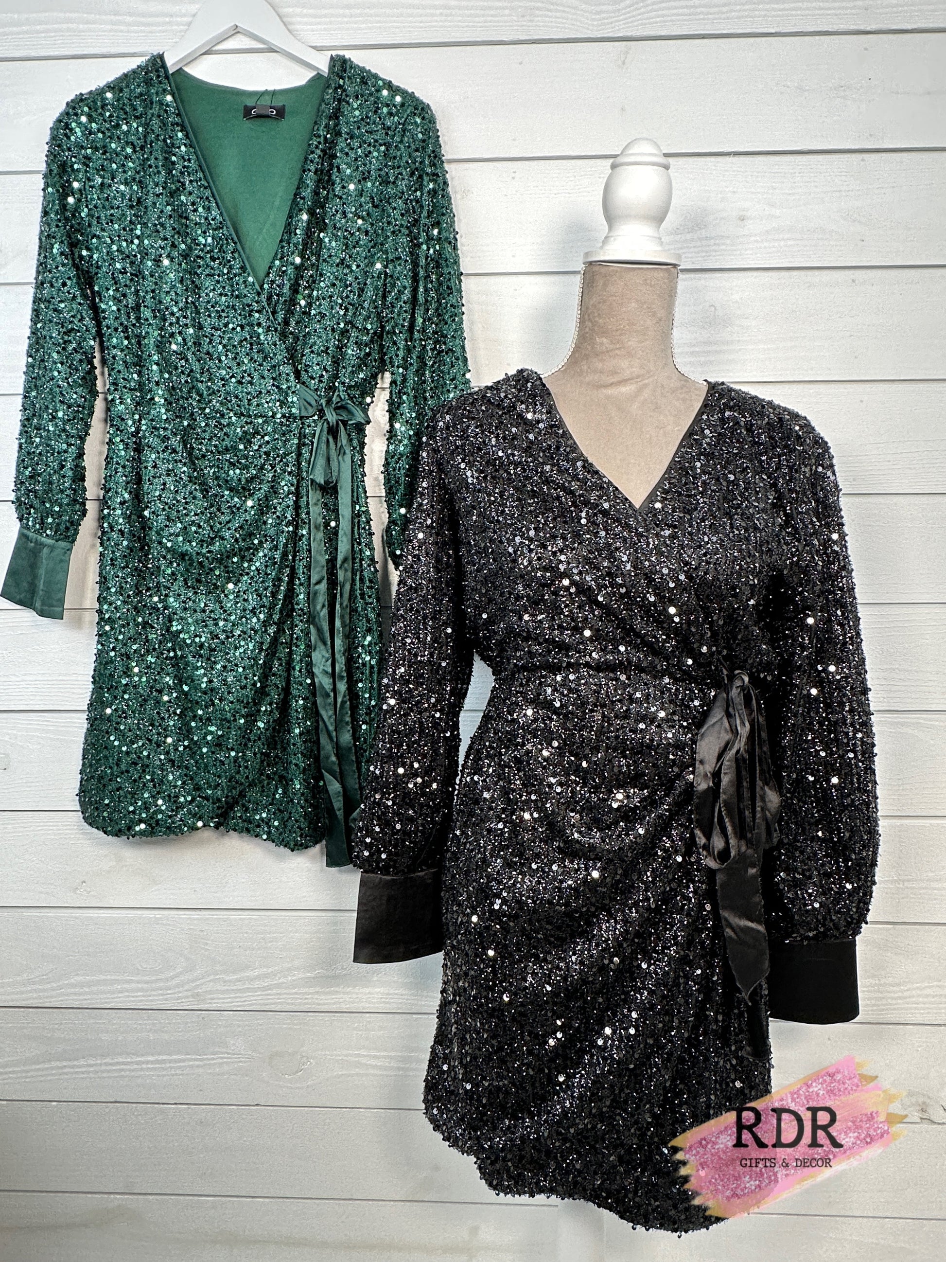 Sparkling Stretched Sequin Wrap Dress with Waist Tie