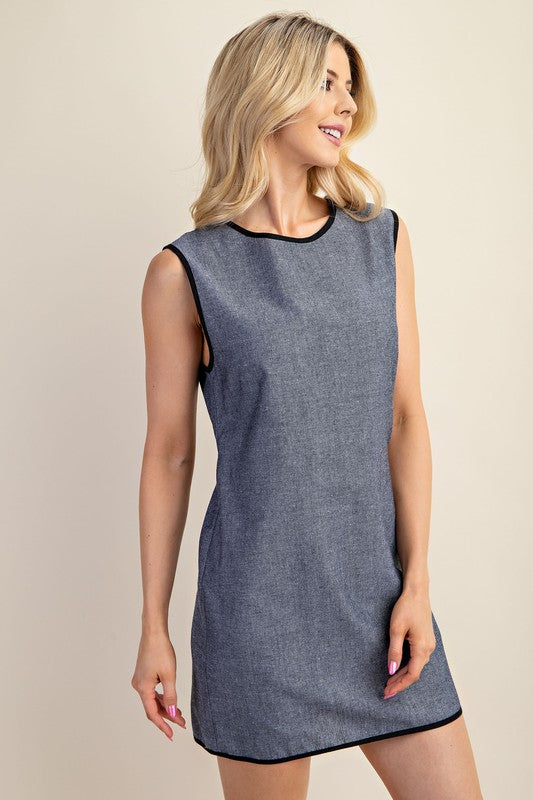 Charcoal Contrast Piping Linen Mini Dress