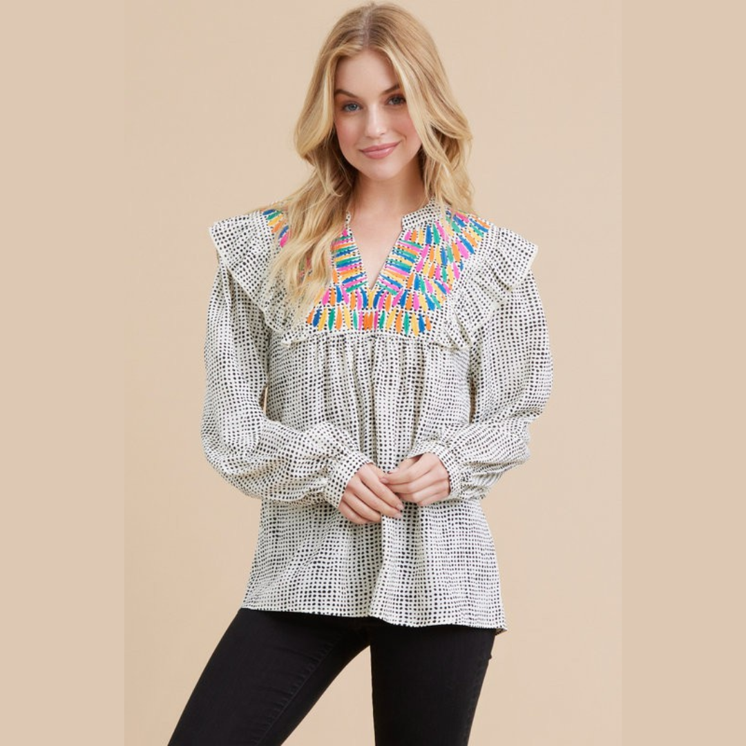 White Printed Ruffle Shoulder Top