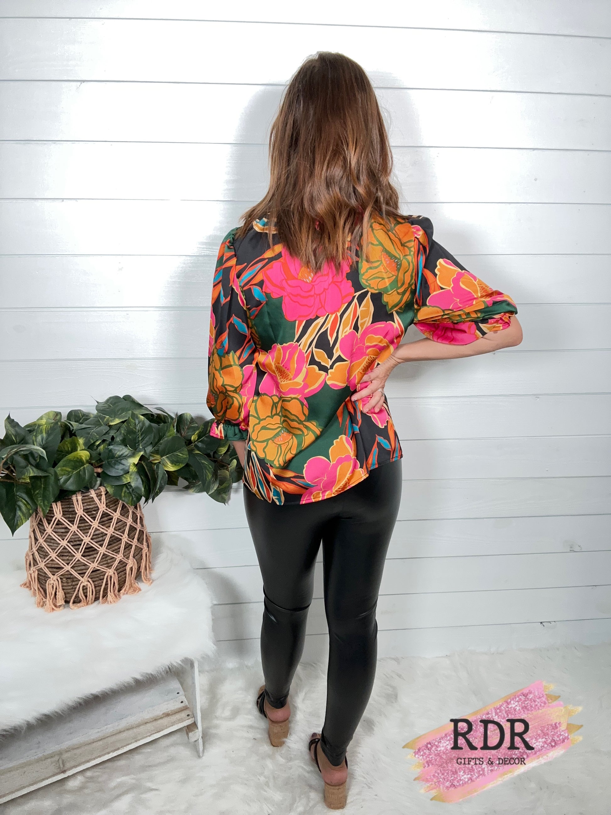 Silky Floral 3/4 Smocked Sleeve Top