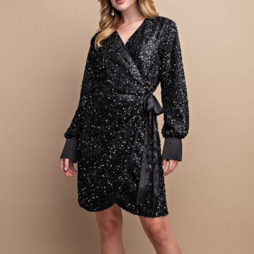 Sparkling Stretched Sequin Wrap Dress with Waist Tie