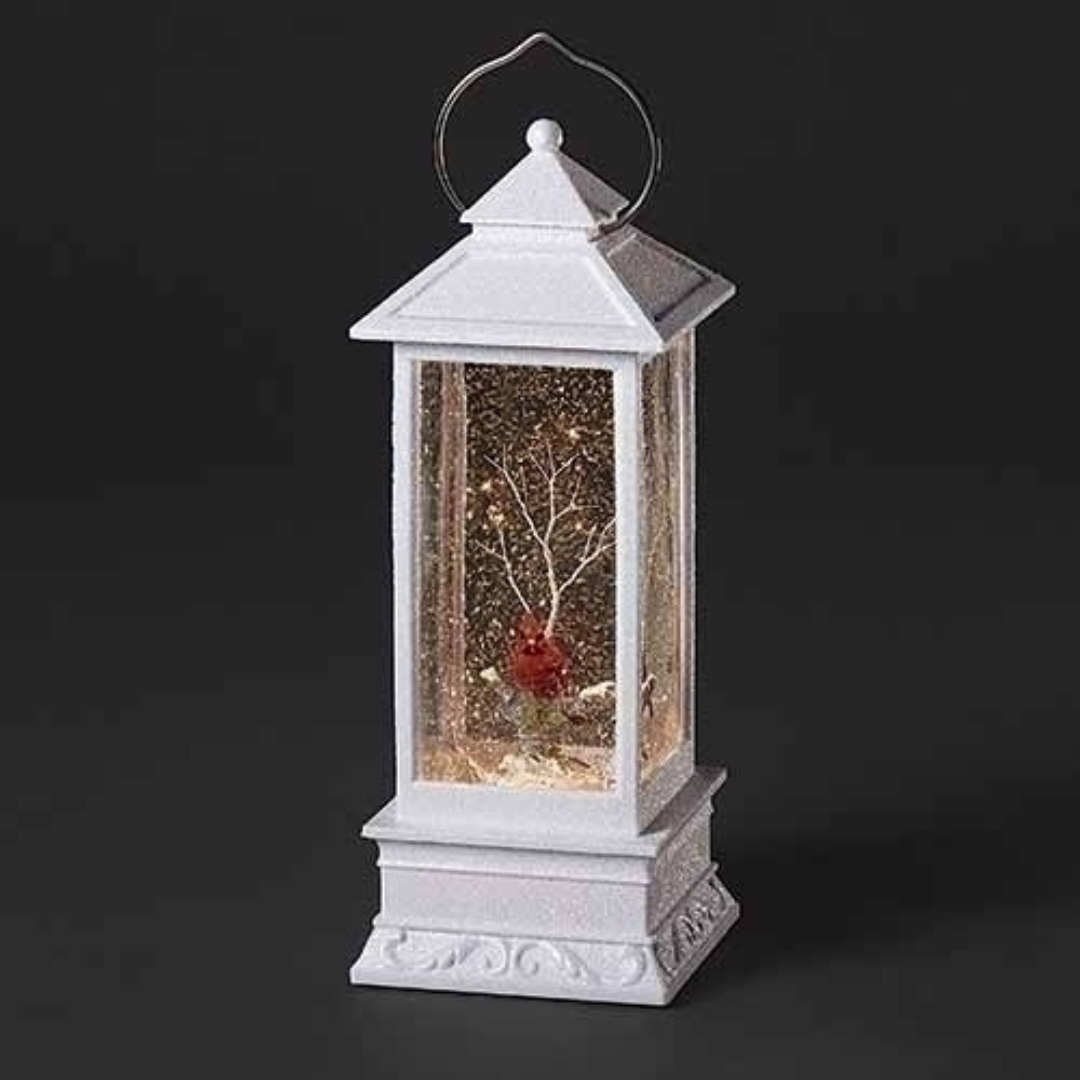 White Light Up & Swirl Lantern With Cardinal- 11"