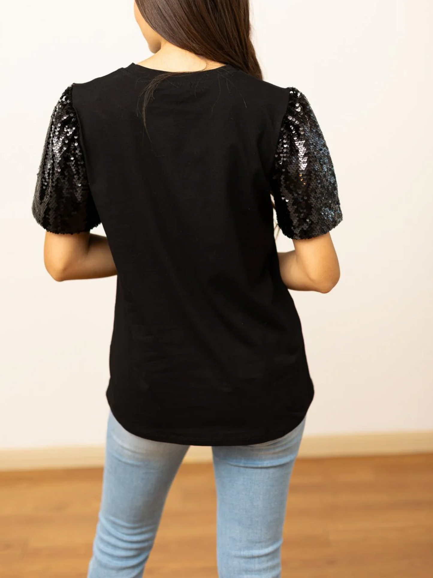 Southern Grace Black Top With Sequin Shoulders & Silver Footballs