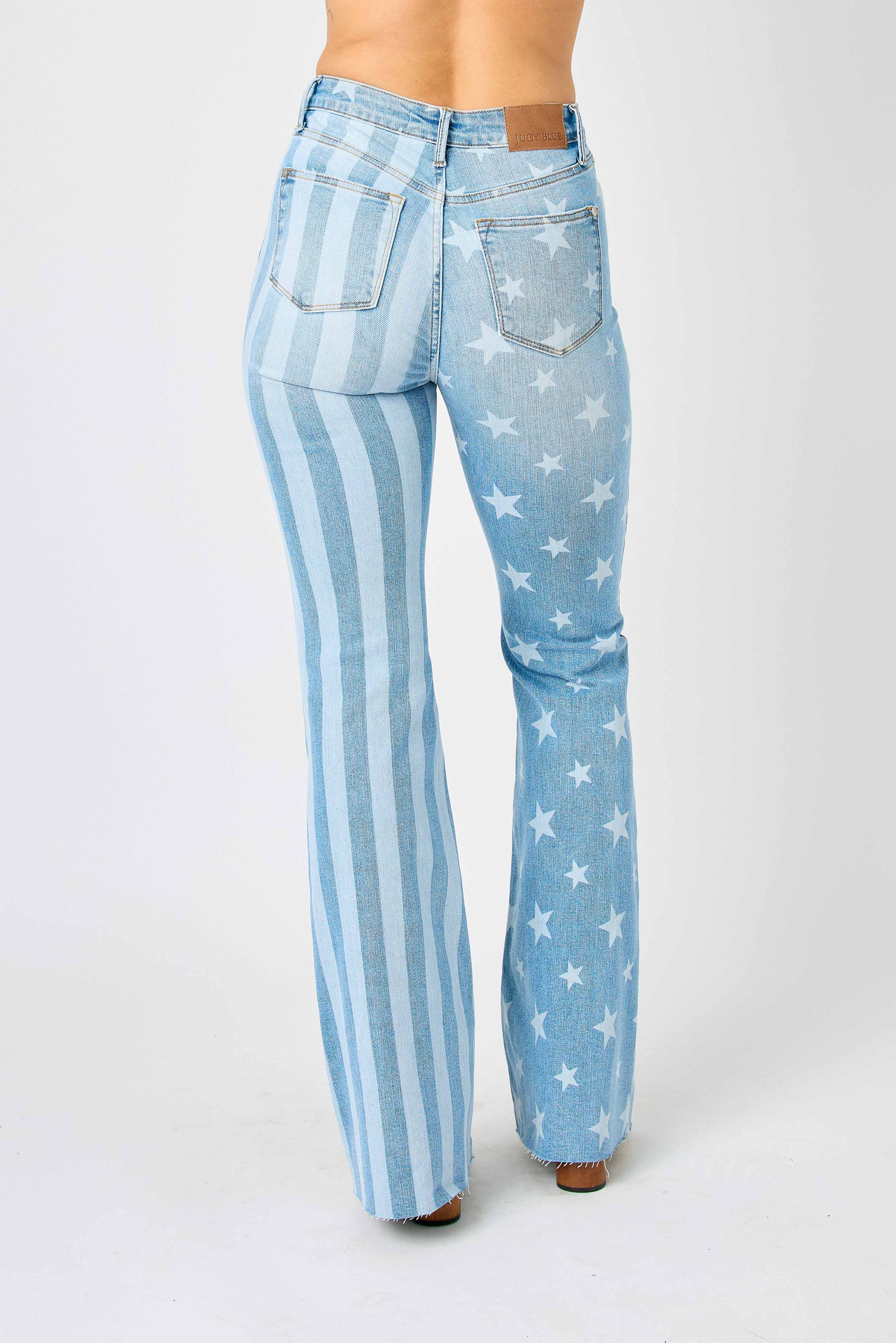 Stars & Stripes Bleach Discharge  High Rise Flare Jeans