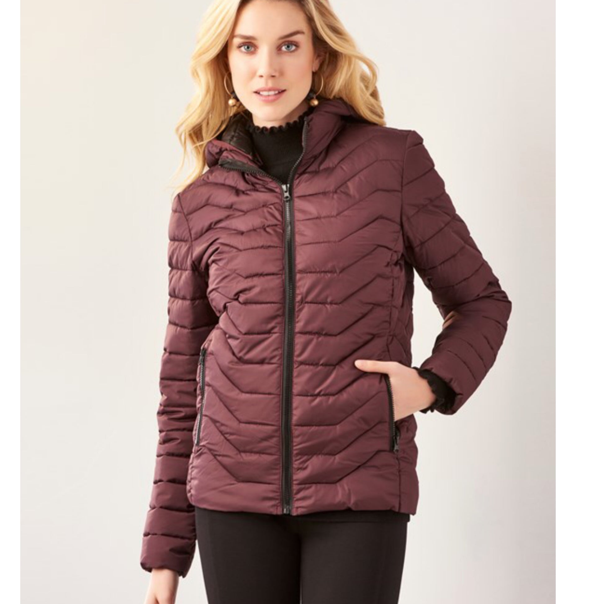 Charlie Paige Burgundy Hooded Puffer Jacket