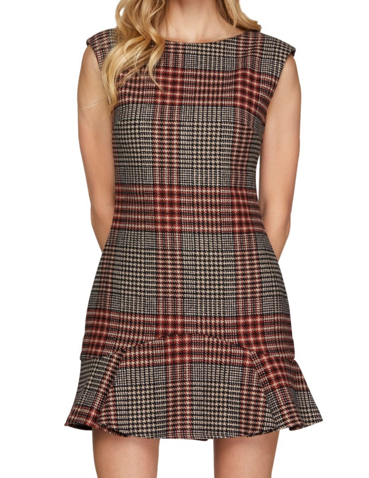 Red Plaid Sleeveless Dress With Pleated Skirt