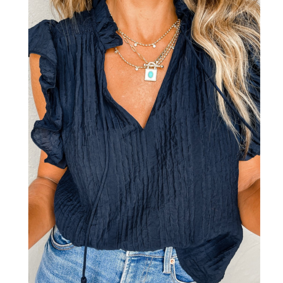 Mist Green or Navy Blue Tassel V Neck Flutter Sleeve Textured Blouse