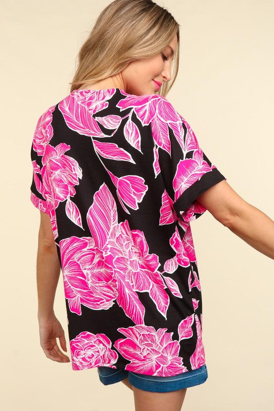 Pink and Black Floral Print Drop Shoulder Dolman Top