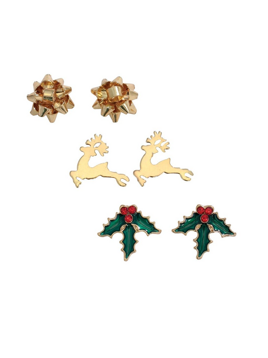 3 Set Holiday Earrings- Bow, Deer, & Holly
