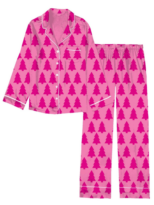 Women's Satin Pajama Set- Dreaming Of A Pink Christmas