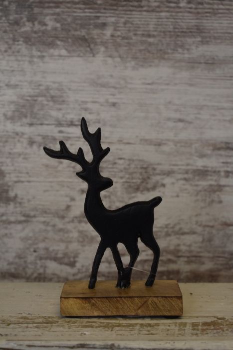 Aluminum Black Reindeer On Wooden Base