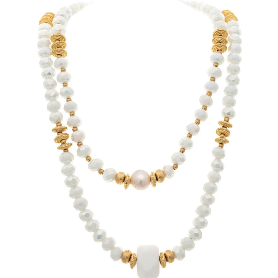 Gold White Pearl Stone Glass Necklace