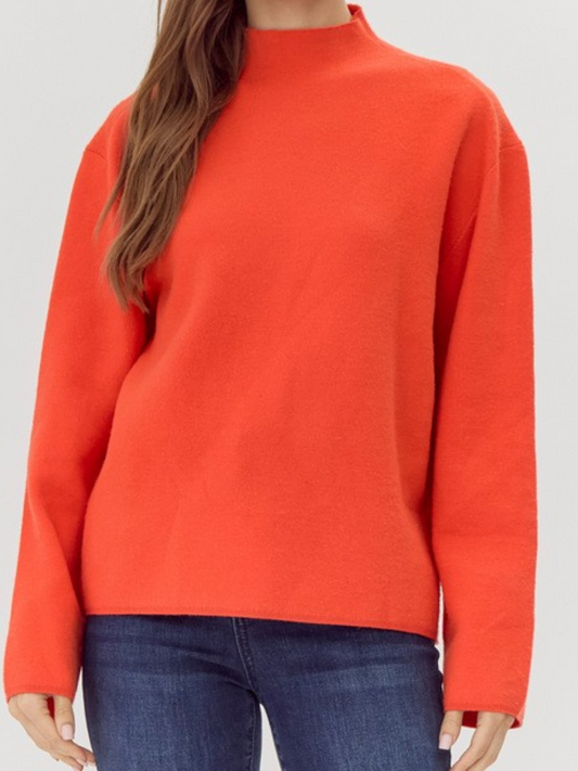 Solid Mock Neck Knit Pullover Top- Red Orange