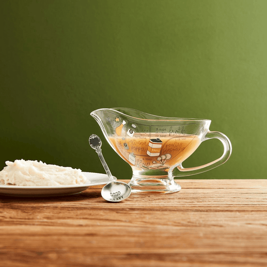 Mud Pie Glass Gravy Boat With Recipe On Side And Spoon