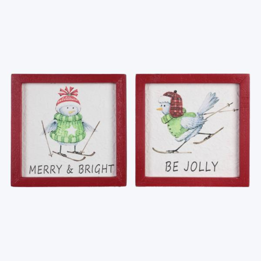 Wood Framed Christmas Bird Skiing Wall Sign