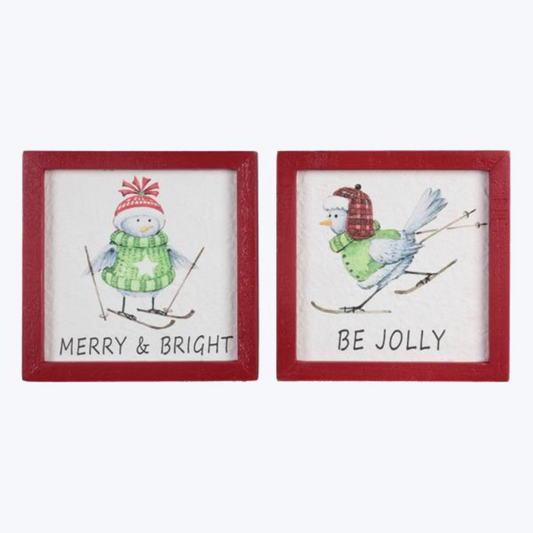 Wood Framed Christmas Bird Skiing Wall Sign