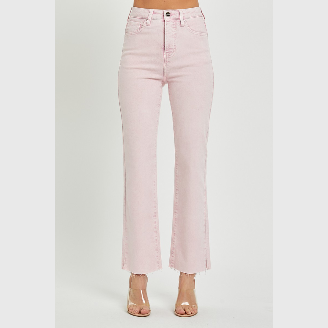 Risen Acid Pink High Rise Raw Hem Slit Straight Jeans