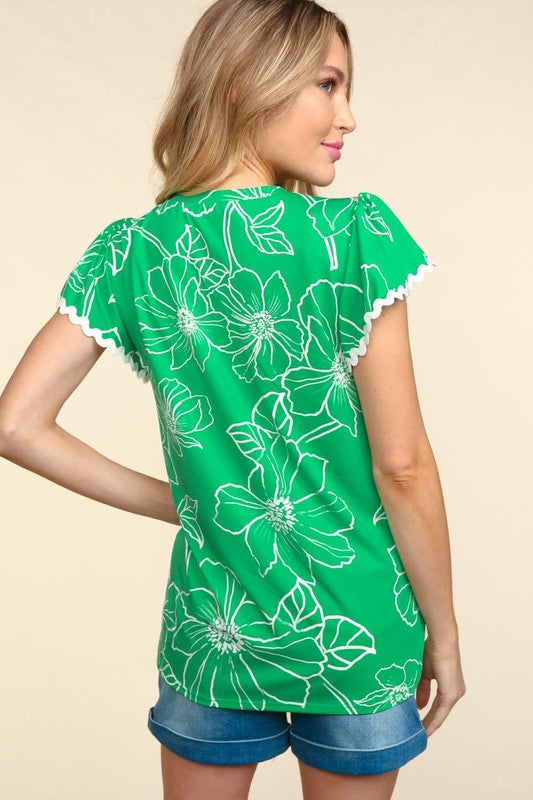 Large Floral Print Flutter Sleeve Top With Ric Rac Trim