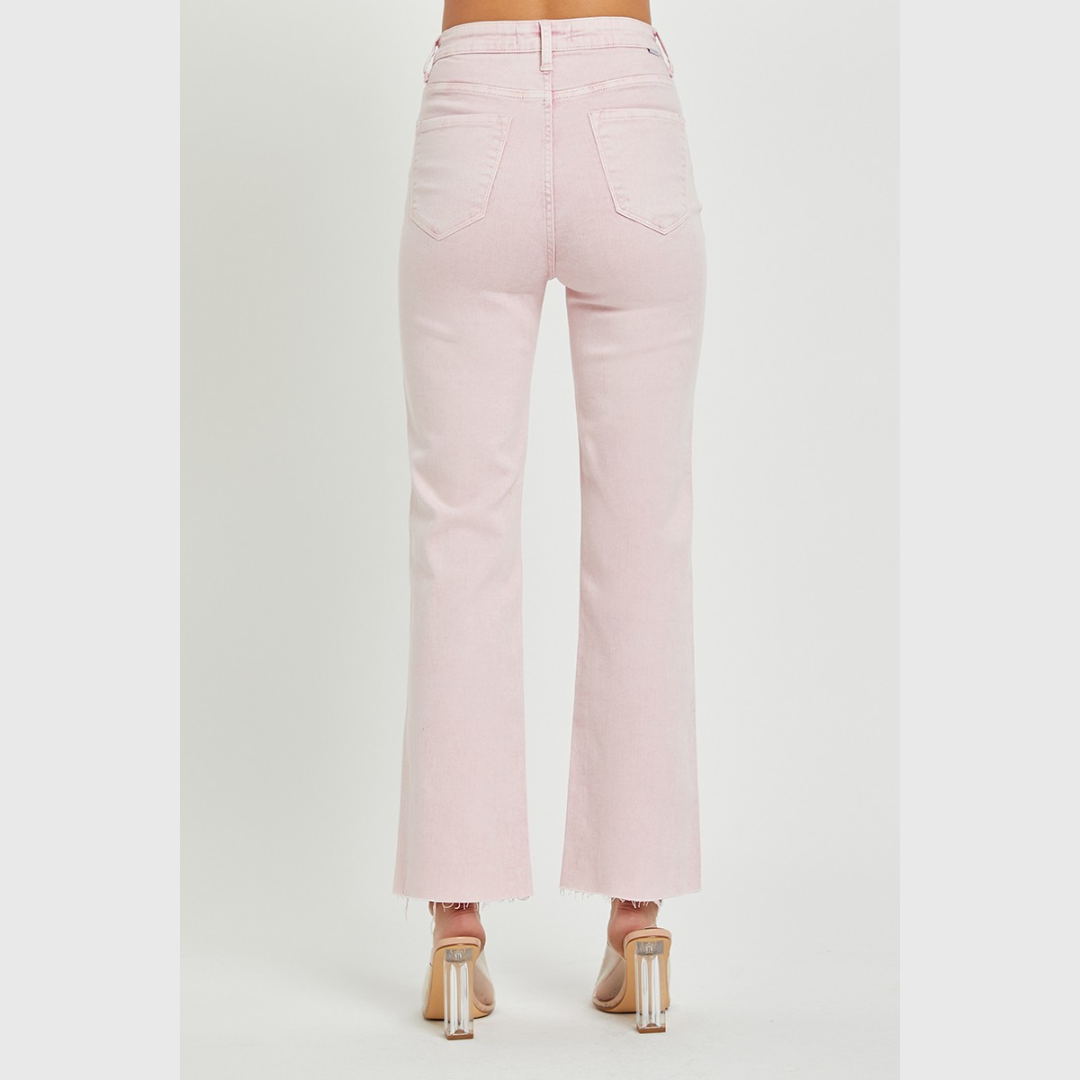 Risen Acid Pink High Rise Raw Hem Slit Straight Jeans