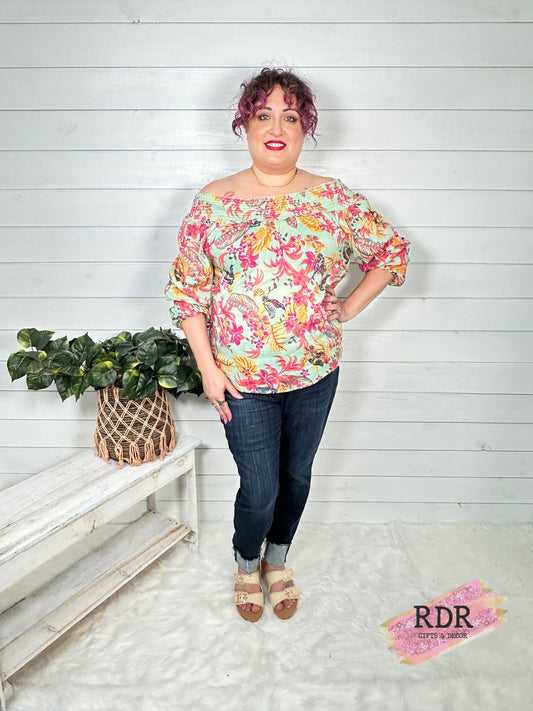 Charlie Paige Off The Shoulder Long Sleeve Mint Floral Print Top