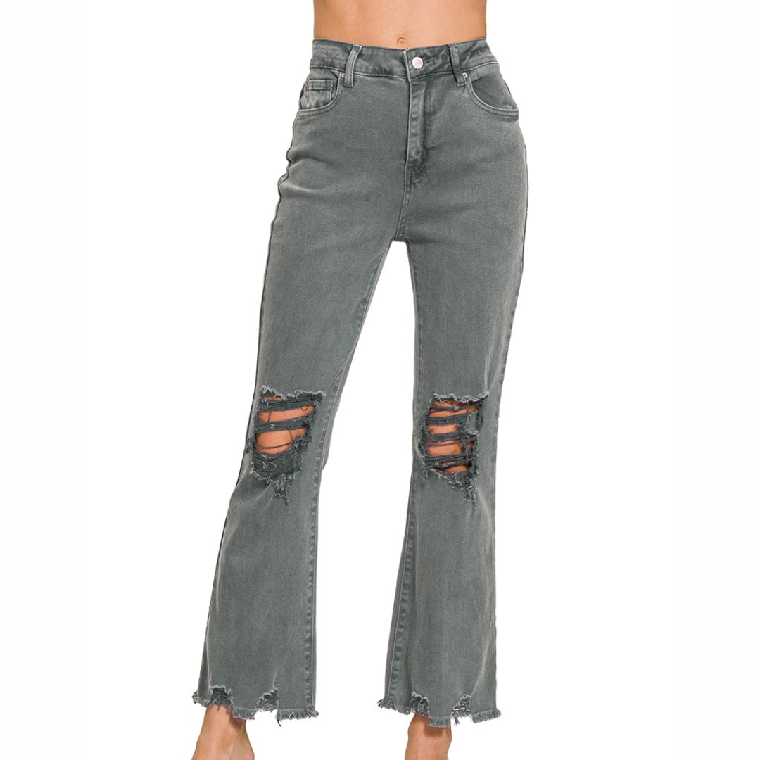 Acid Washed High Waist Distressed Straight Leg Cropped Pants